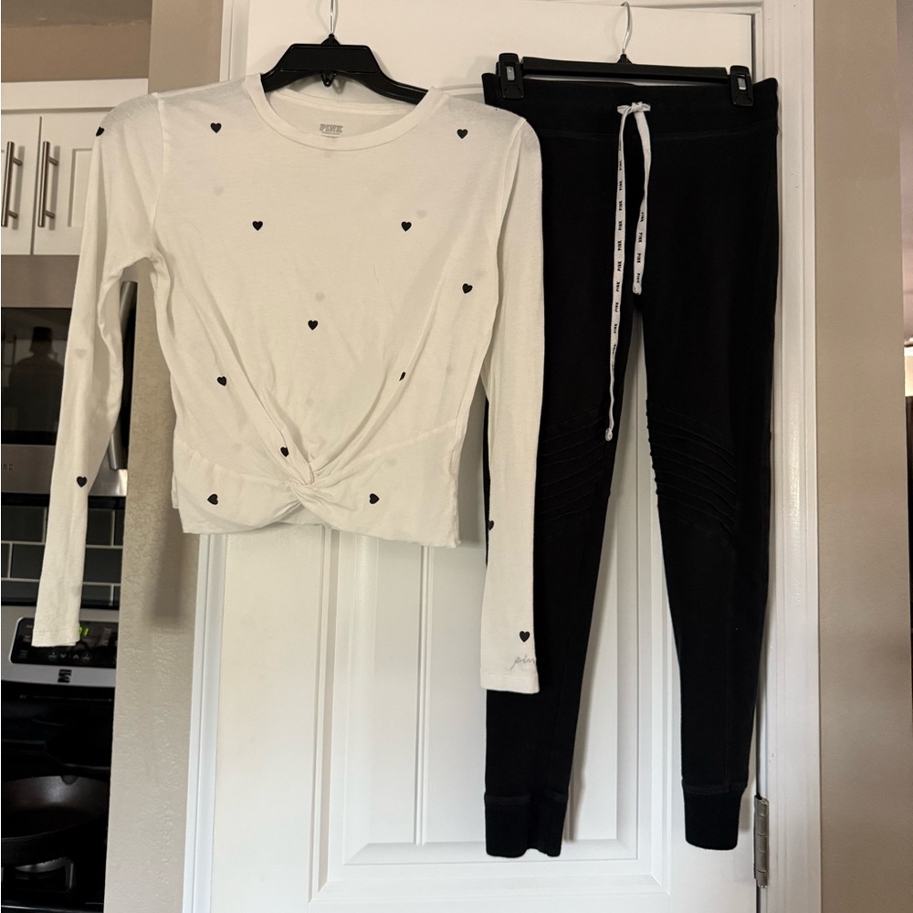 VS PINK white long sleeve top with black hearts & Black Pants with Drawstring